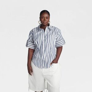 KBB by KAHLANA Women's Hourglass Short Sleeve Shirt - Blue Striped XXL